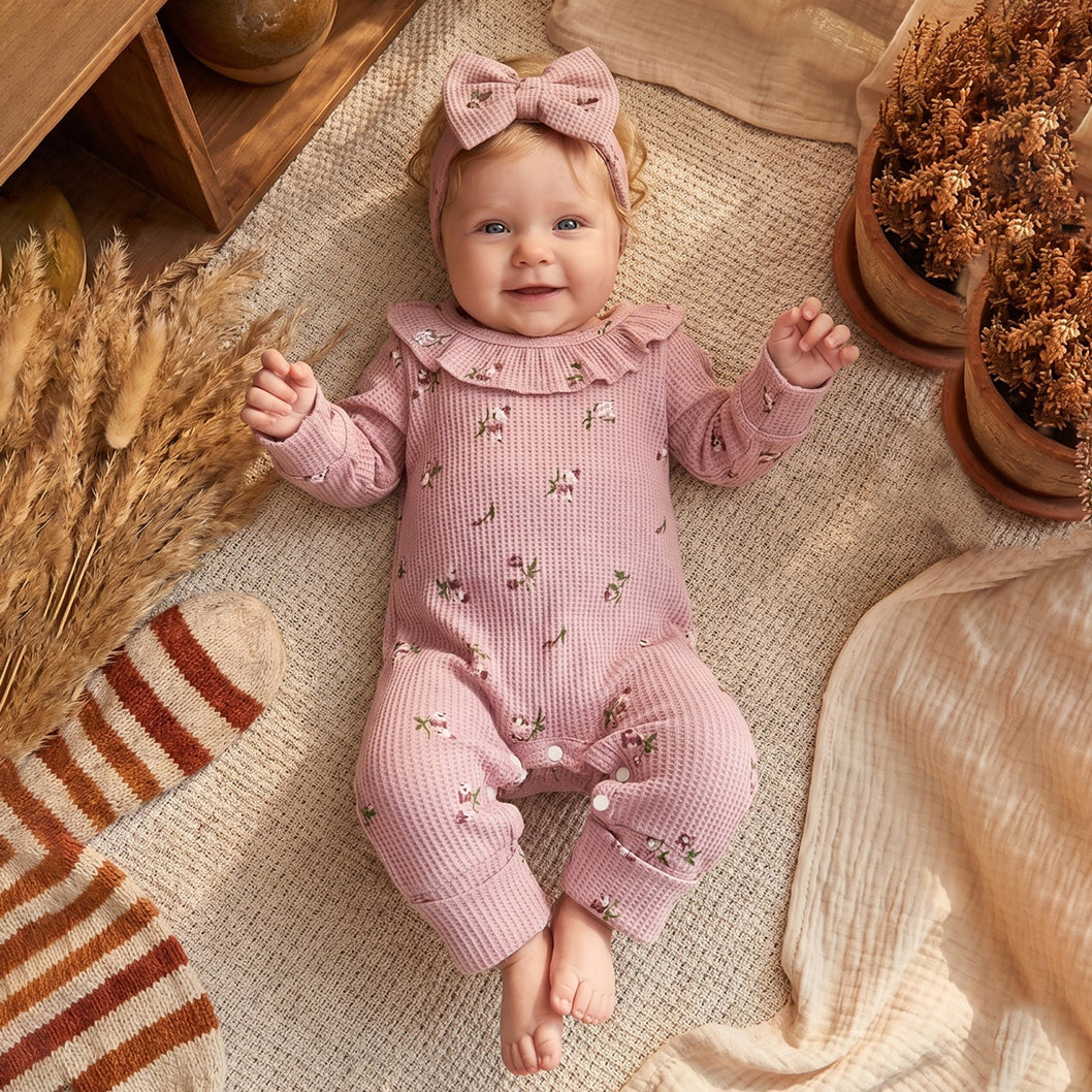 2PCS Graceful Floral Print Ruffle Long Sleeve Baby Jumpsuit