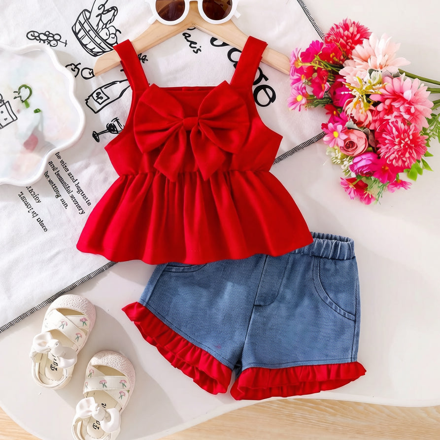 2PCS Grace Color Blocking Bow Sleeveless Denim Baby Set