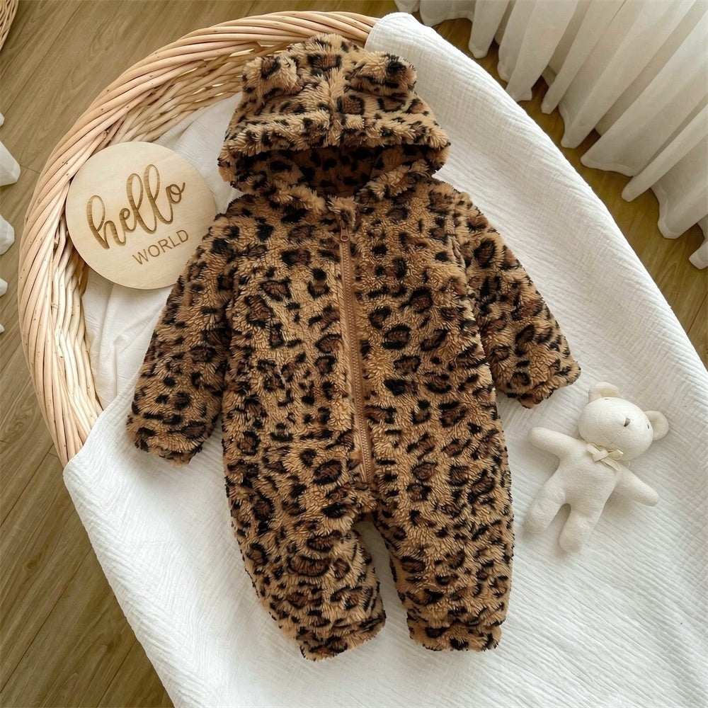 Fuzzy Leopard Printed Zipper Long Sleeve Baby Jumpsuit