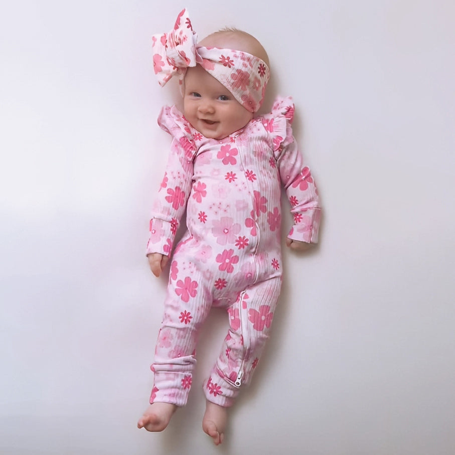 2PCS Allover Floral Printed Ruffle Zipper Baby Jumpsuit