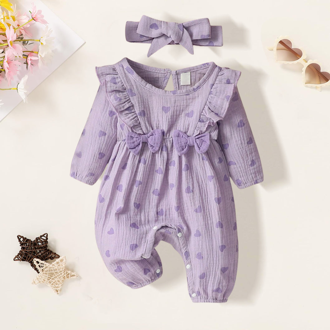 2PCS Elegant Heart Printed Bow Long Sleeve Baby Jumpsuit