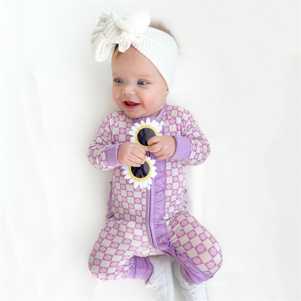 Cute Floral Print Plaid Ruffle Long Sleeve Baby Jumpsuit