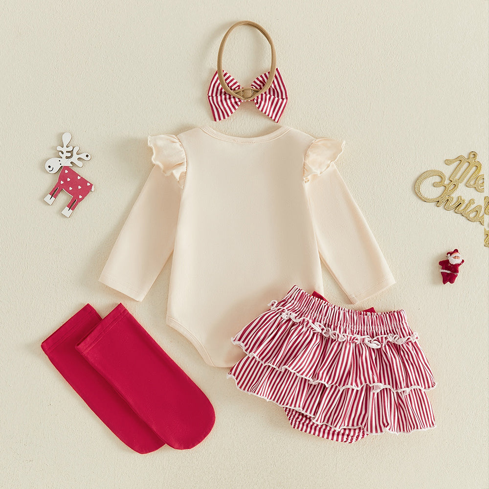 4PCS My First Christmas Letter Bow Stripe Print Baby Set