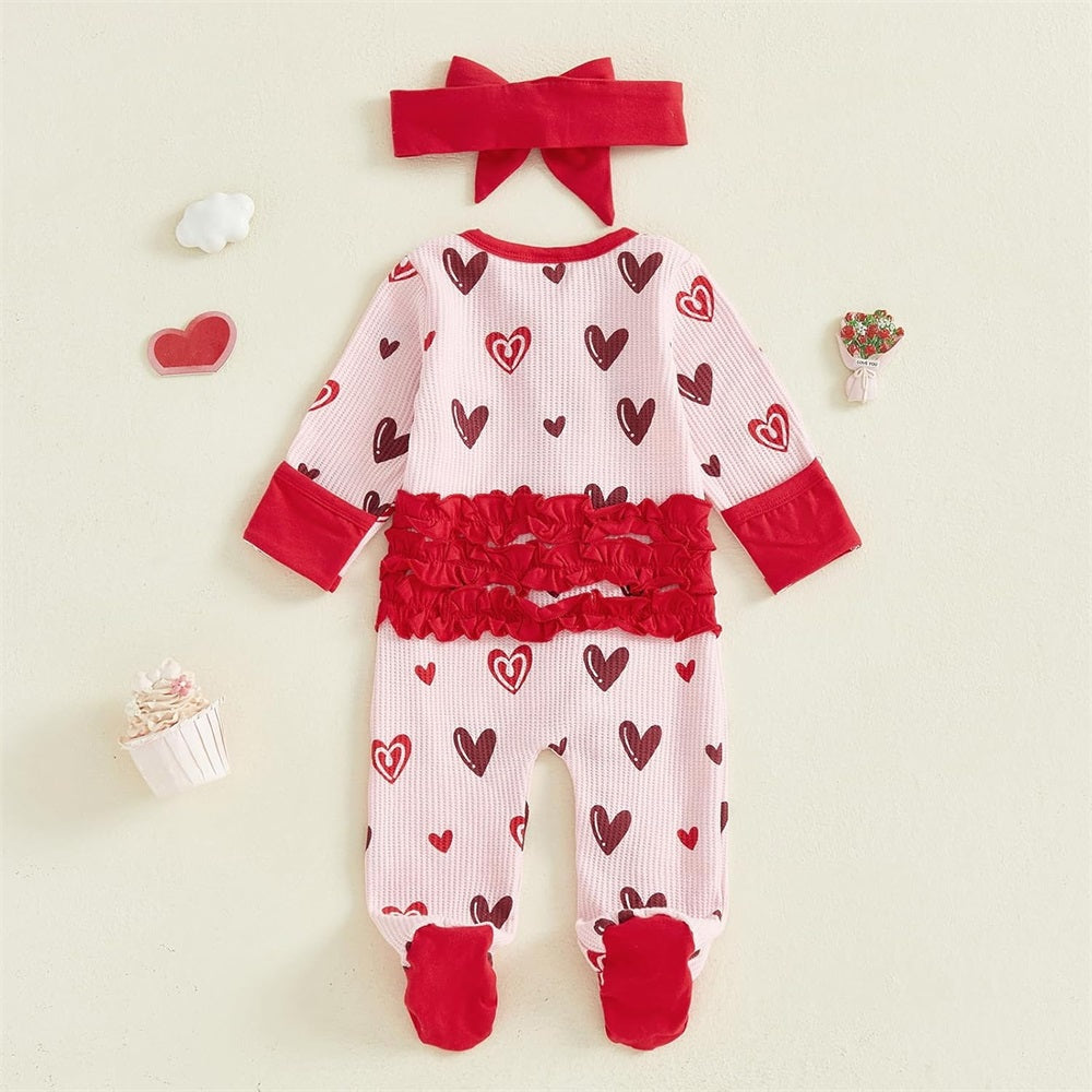 2PCS Cute Heart Print Ruffle Long Sleeve Baby Jumpsuit
