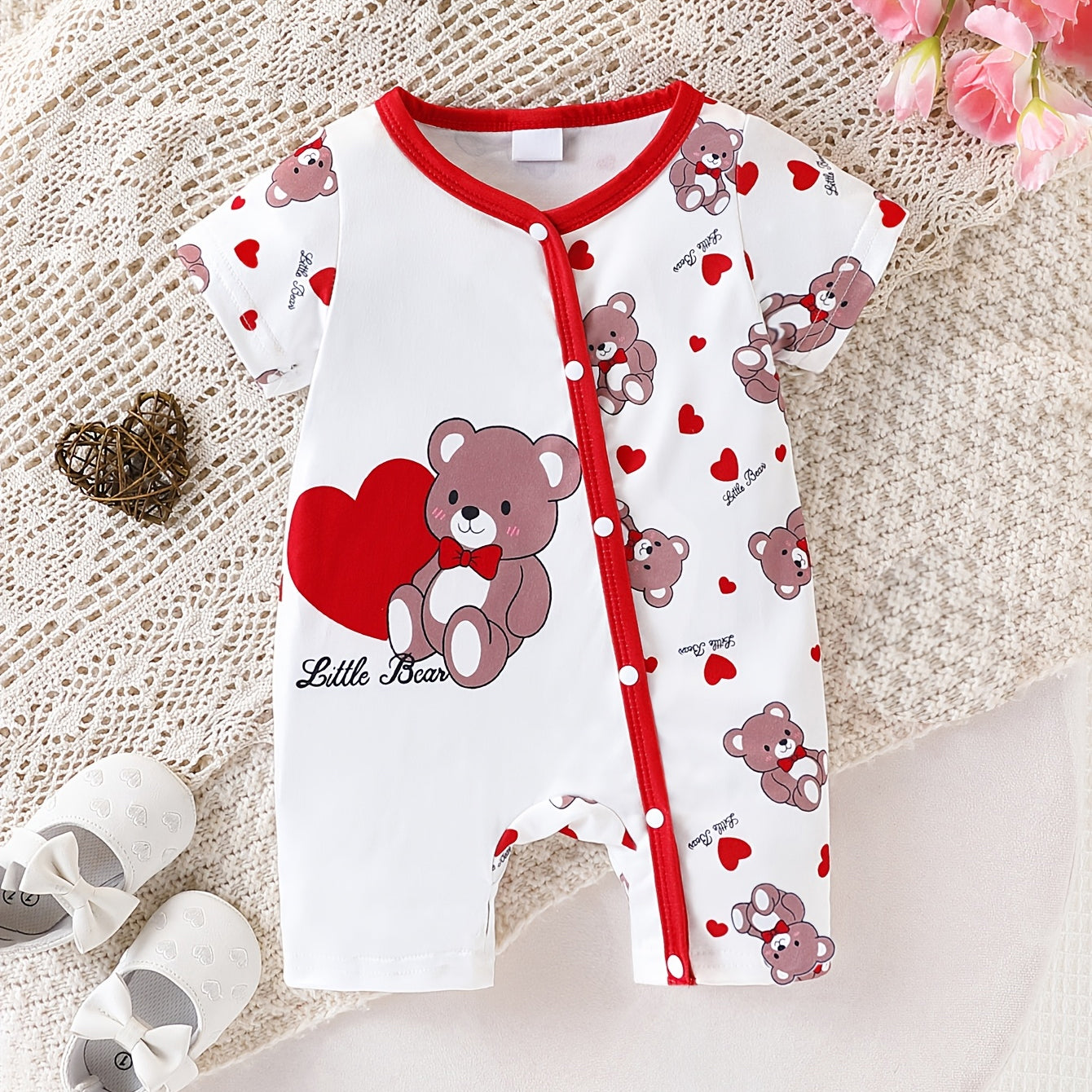 Cute Little Bear Letter Teddy Bear Print Short Sleeve Baby Jumpsuit