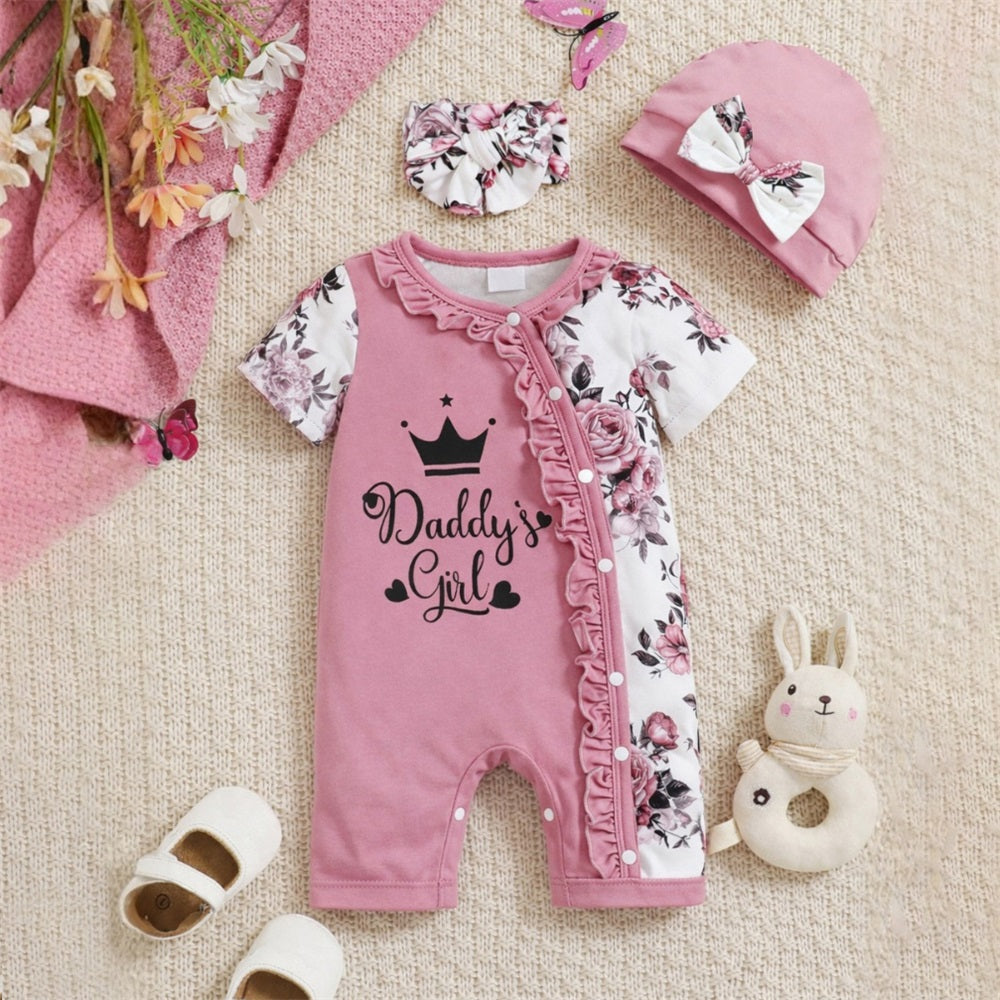 3PCS Daddy's Girl Letter Floral Printed Short Sleeve Baby Jumpsuit