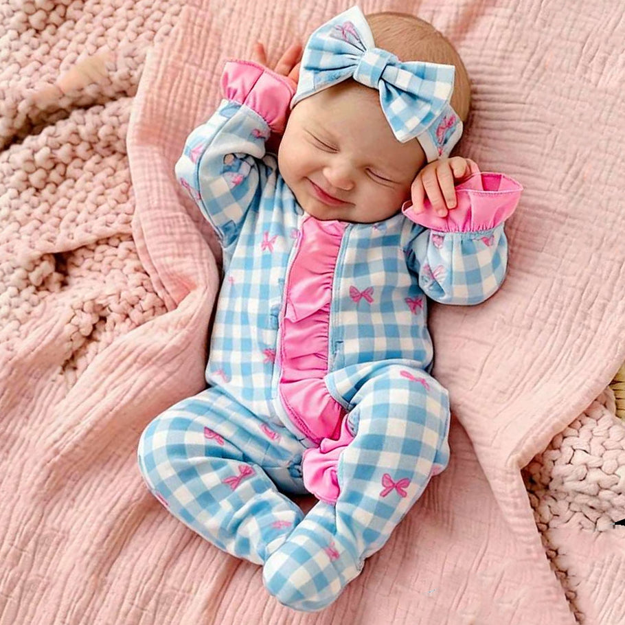 2PCS Pretty Plaid Bow Print Long Sleeve Zipper Baby Jumpsuit