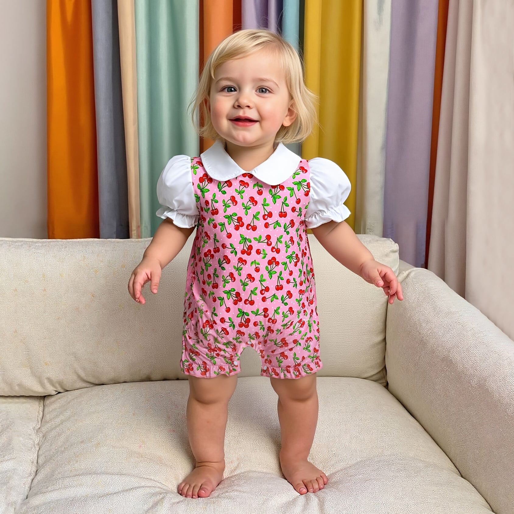 Adorable Cherry Print Short Sleeve Baby Jumpsuit