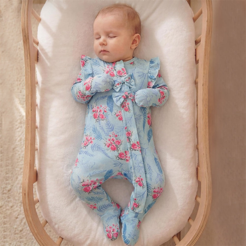 Casual Floral Print Frill Trim Bow Long Sleeve Baby Jumpsuit
