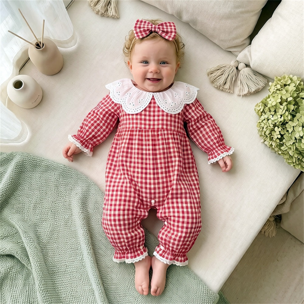 2PCS Chic Plaid Printed Long Sleeve Baby Girl Jumpsuit
