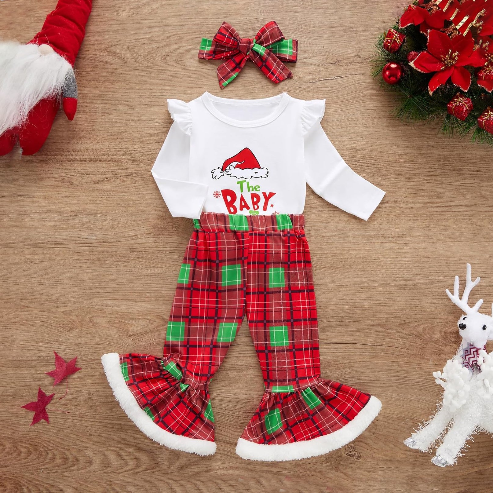 3PCS The Baby Who Stole Christmas Letter Print Plaid Baby Set