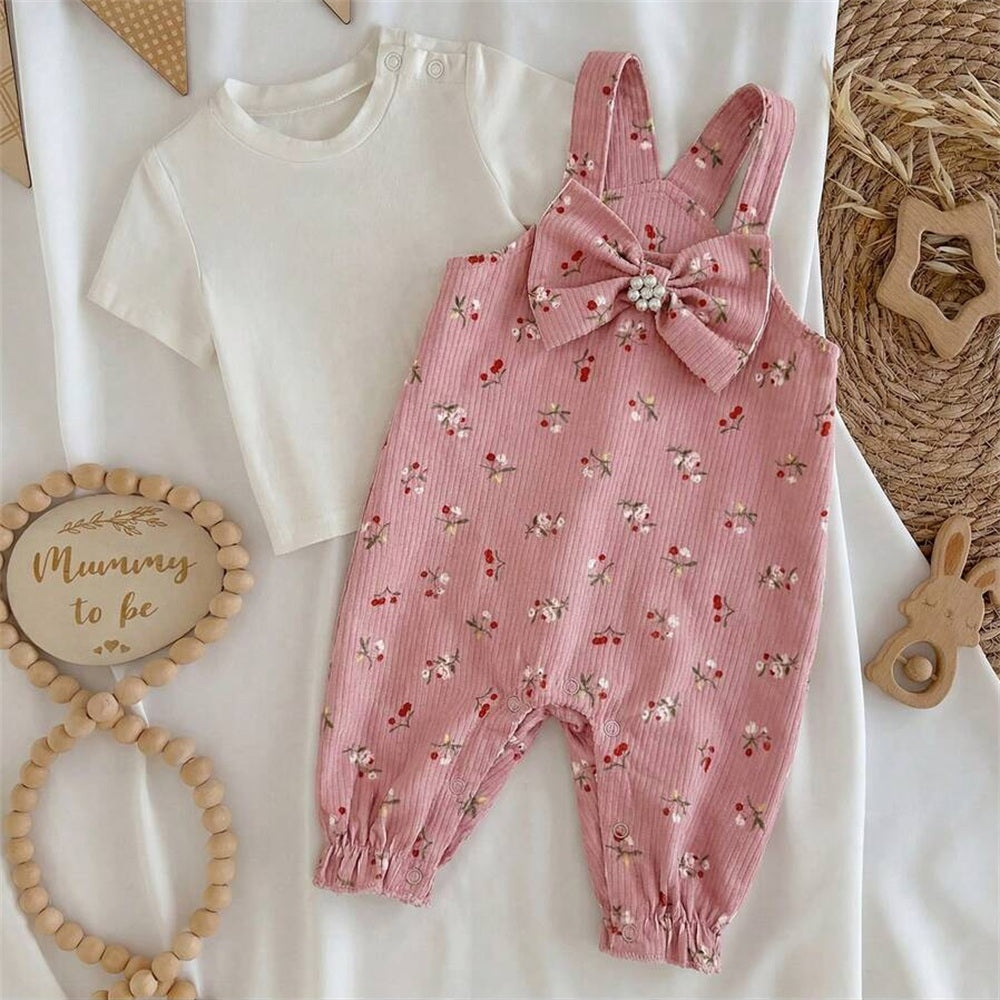 2PCS Pretty Floral Printed Short Sleeve Overalls Baby Set