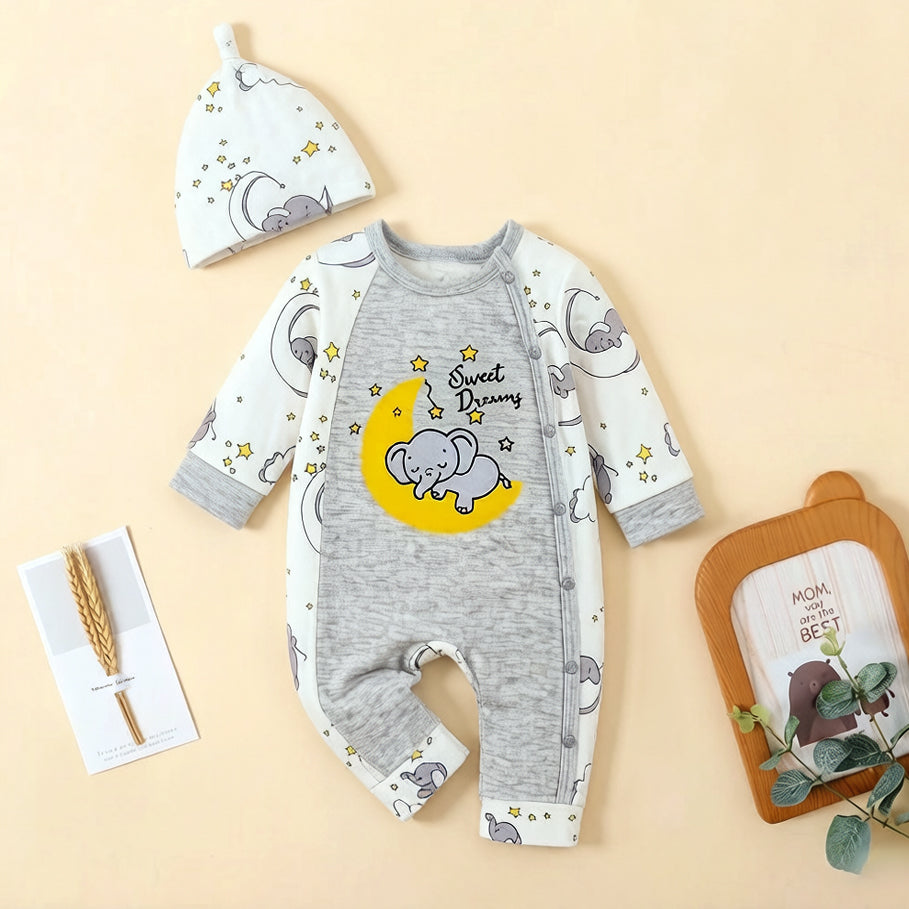 2PCS Cute Elephant Moon Print Long Sleeve Baby Jumpsuit