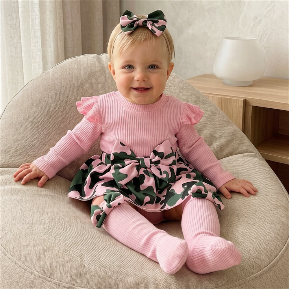 3PCS Adorable Camouflage Print Bow Baby Girl Romper
