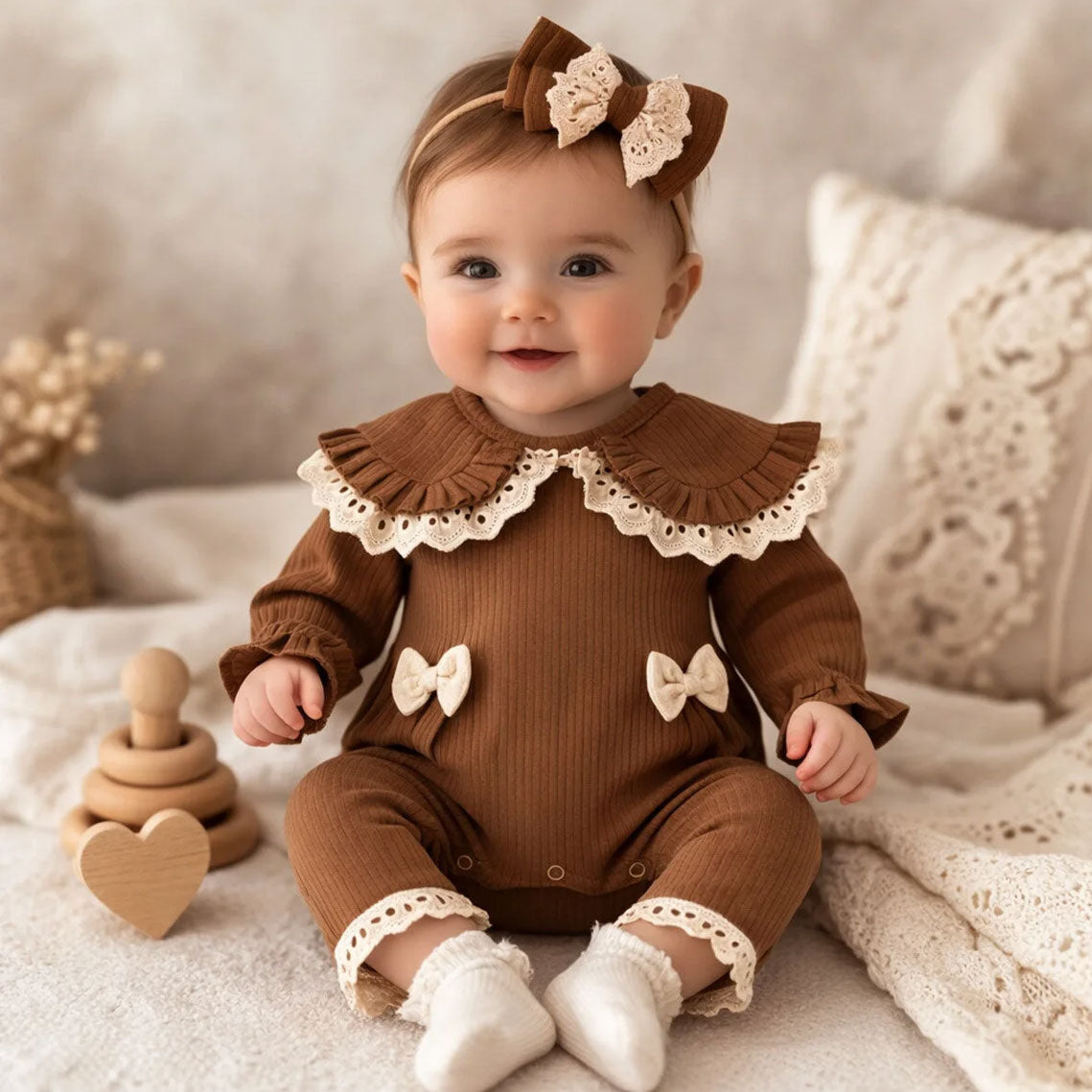 2PCS Lovely Solid Color Lace Bowknot Decor Baby Jumpsuit