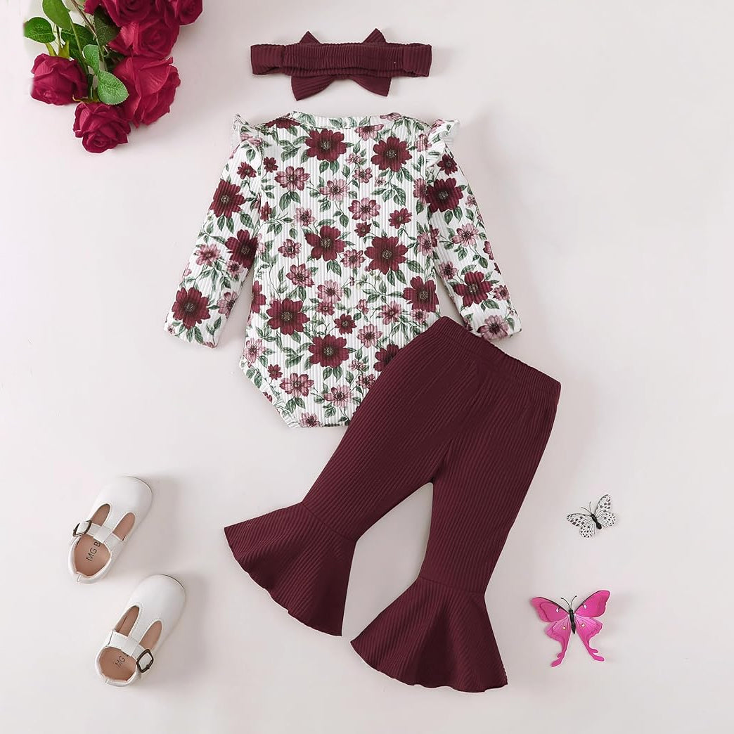 3PCS Bold All Over Floral Print Long Sleeve Baby Girl Set
