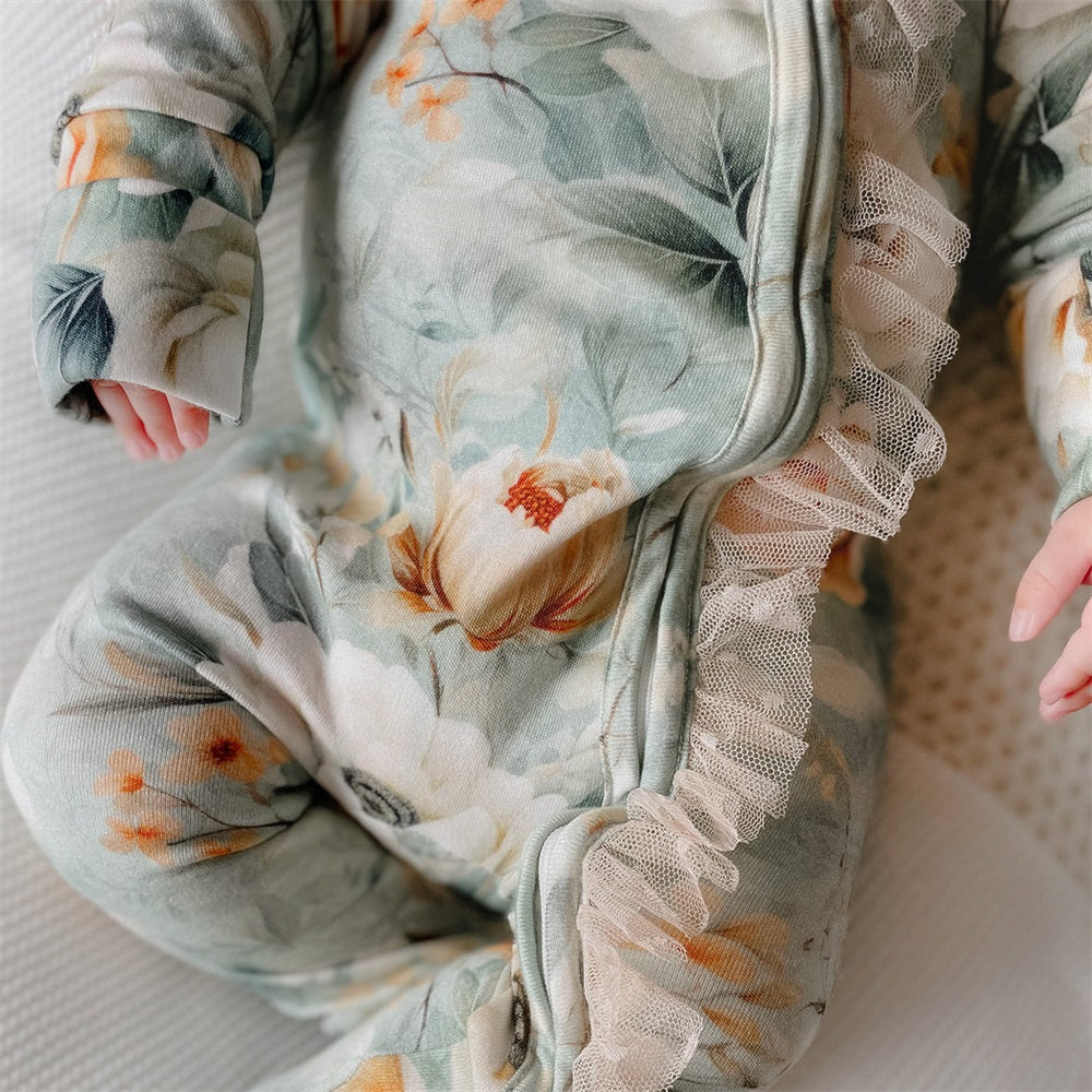 2PCS Floral Print Lace Trim Long Sleeve Baby Jumpsuit
