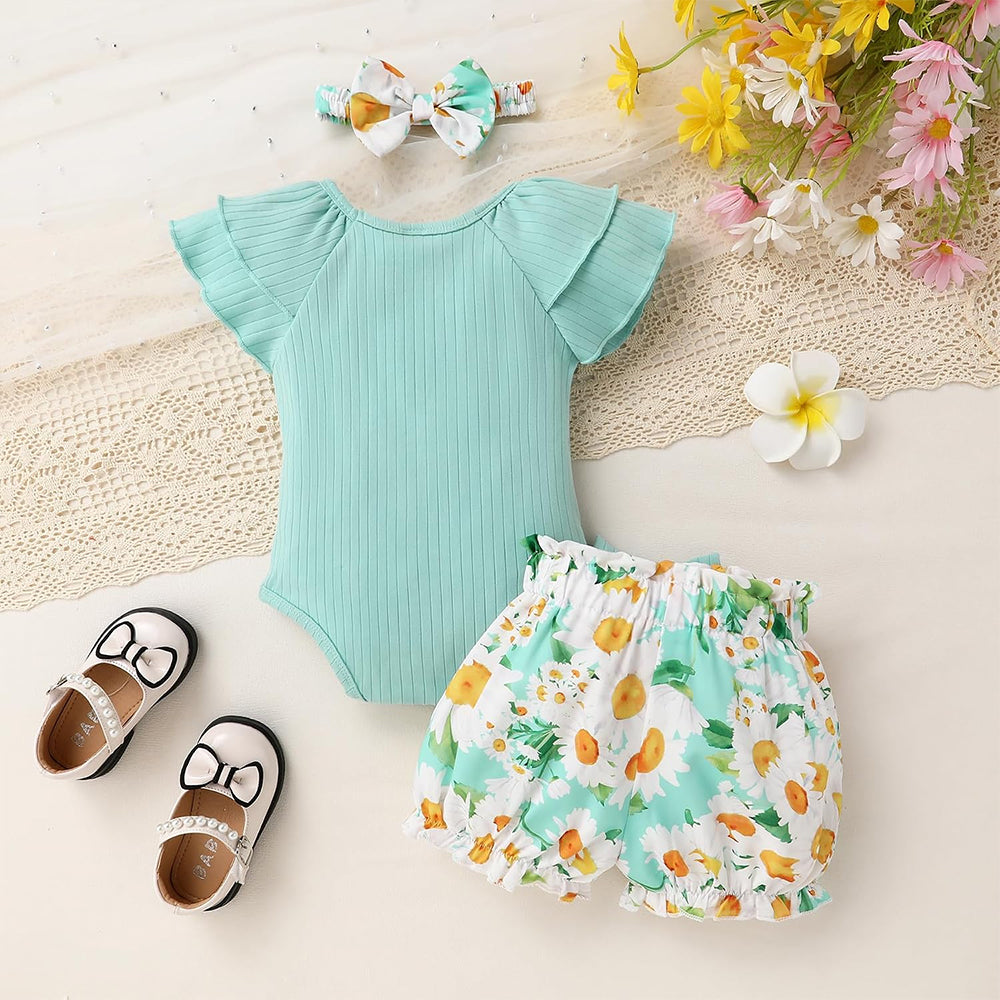 3PCS Fresh Floral Print Bowknot Flounce Sleeve Baby Set