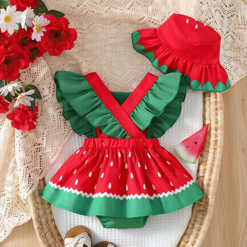 2PCS Lovely Watermelon Printed Flutter Sleeve Baby Romper