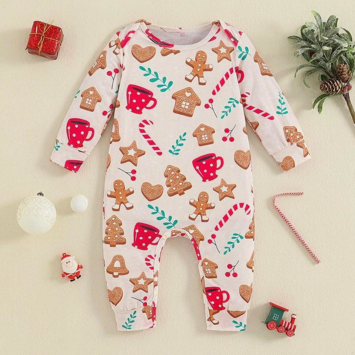 Lovely Gingerbread Christmas Elements Print Long Sleeve Baby Jumpsuit