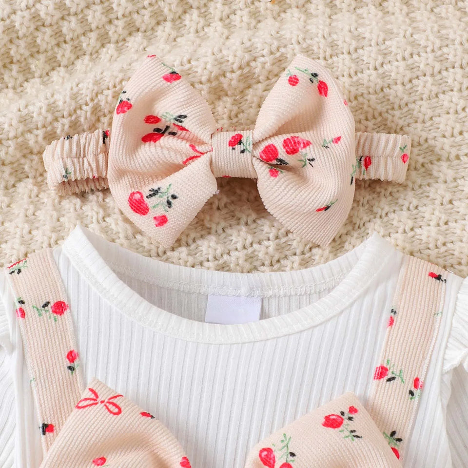 2PCS Sweet Floral Print Bowknot Long Sleeve Baby Jumpsuit