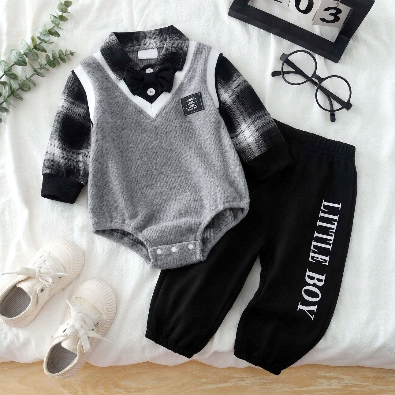 2PCS Little Boy Letter Plaid Printed Long Sleeve Baby Boy Set