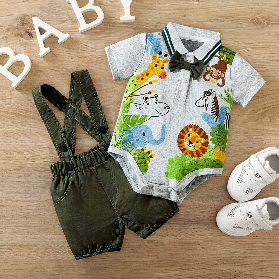 2PCS Cute Animal Print Short Sleeve Overalls Baby Set