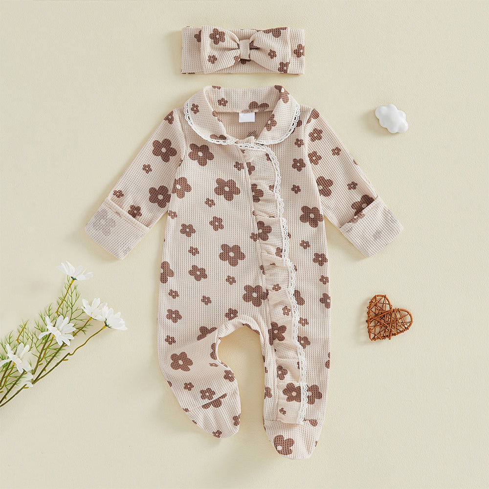 2PCS Adorable Allover Floral Printed Zipper Baby Jumpsuit