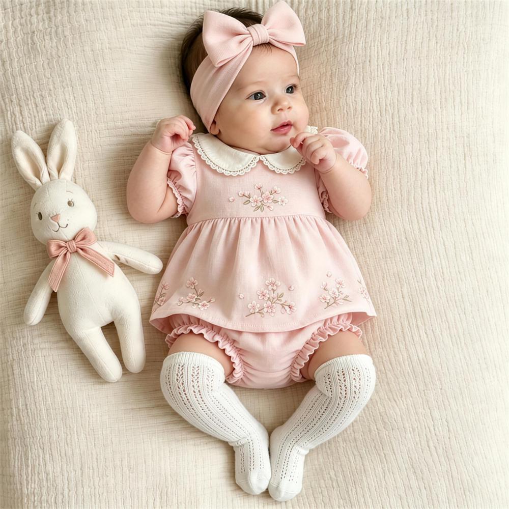 Gorgeous Floral Embroidered Ruffle Short Sleeve Baby Girl Romper