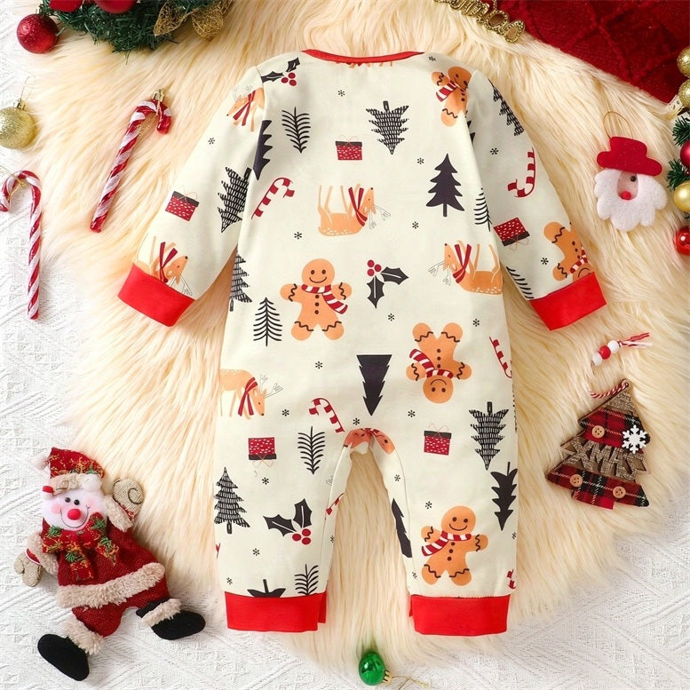 Endearing Christmas Gingerbread Print Long Sleeve Baby Jumpsuit