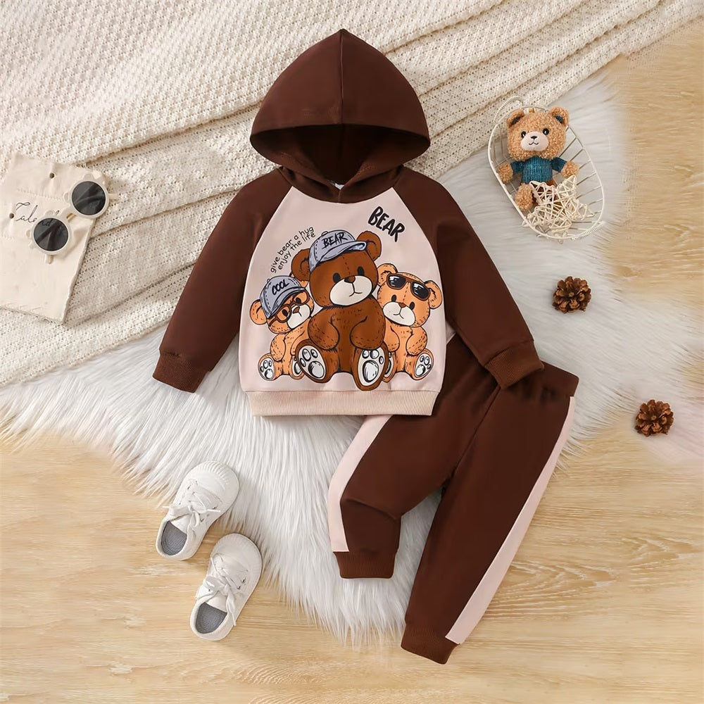 2PCS Cute Cartoon Bear Print Long Sleeve Baby Hooded Set