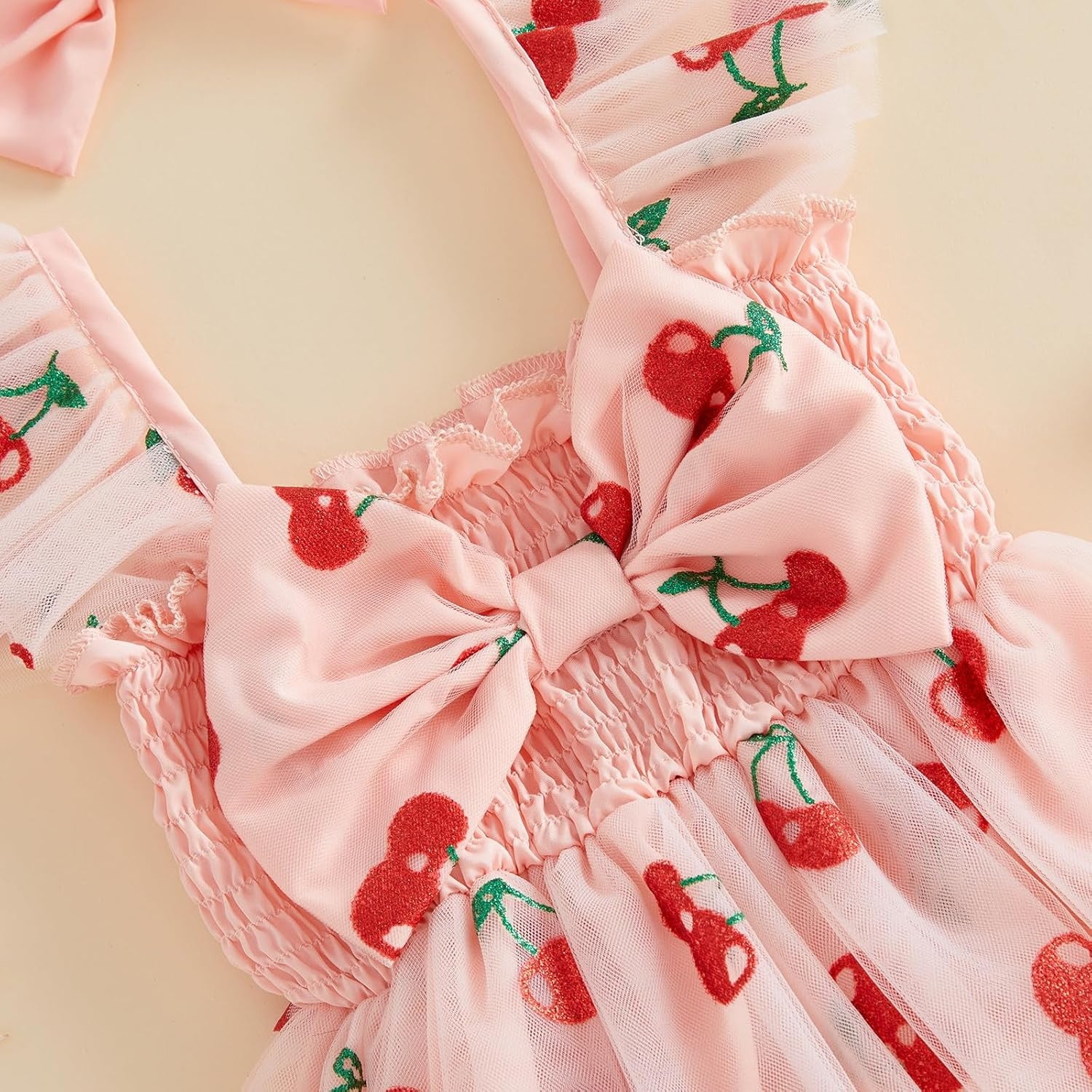 2PCS Lovely Cherry Print Tulle Flutter Sleeve Baby Romper