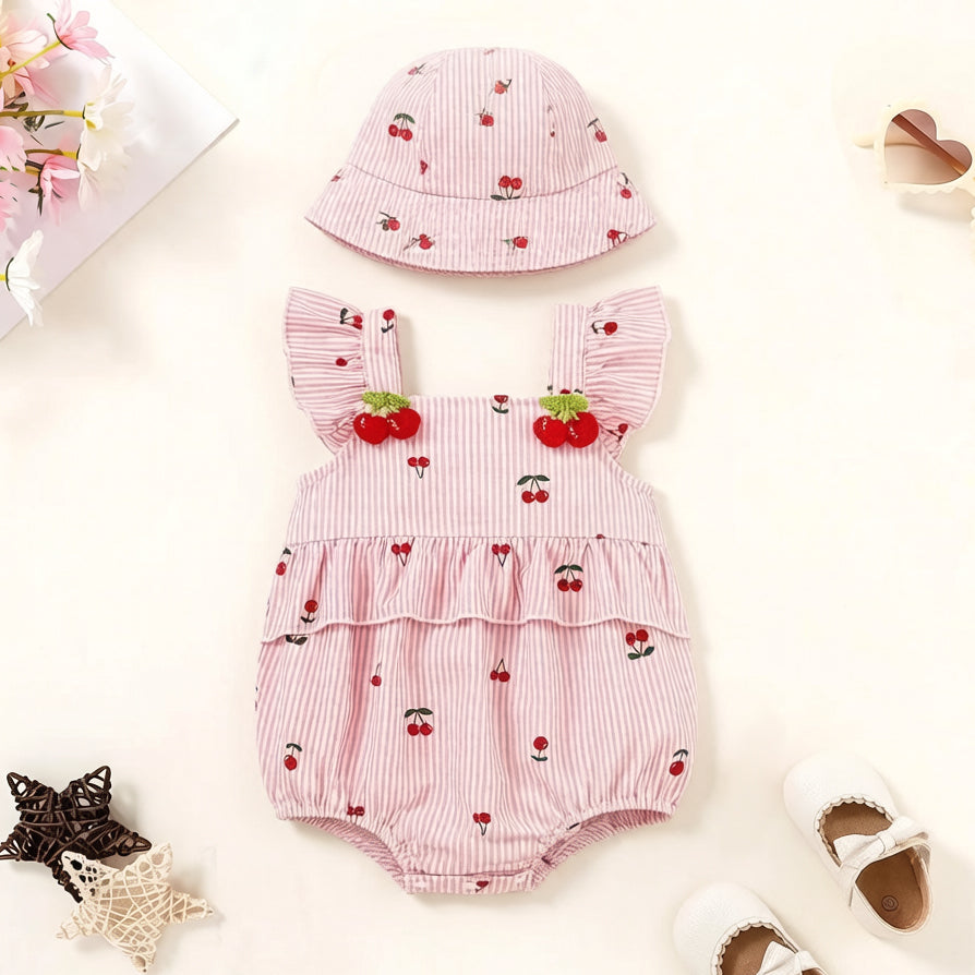 2PCS Sweet Cherry Print Flutter Sleeve Baby Romper