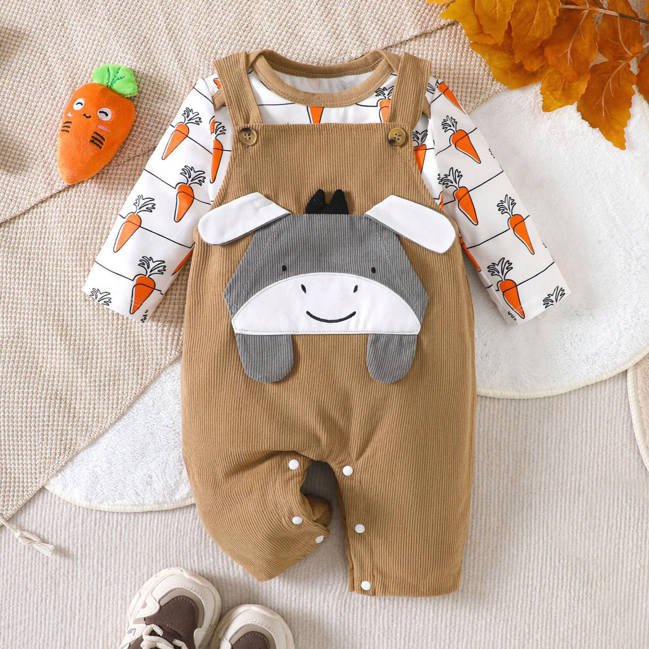 2PCS Cute Donkey and Carrot Print Long Sleeve Baby Overalls Set