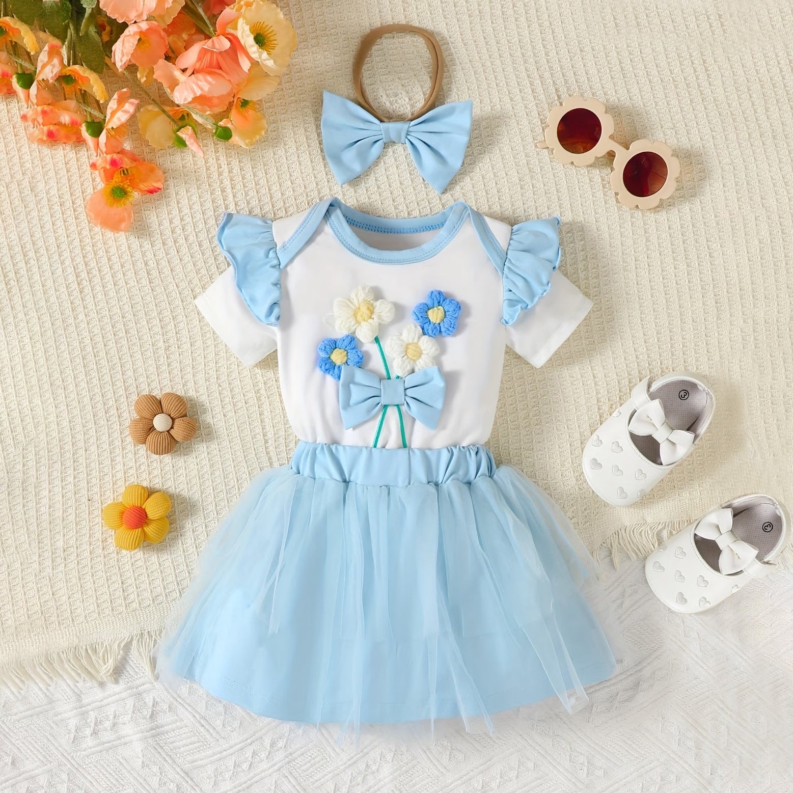 3PCS Cute 3D Floral Embroidery Bowknot Baby Skirt Set