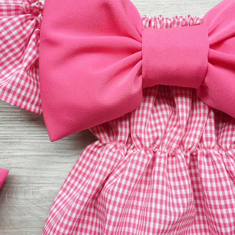 2PCS Grace Plaid Printed Bowknot Decor Baby Romper