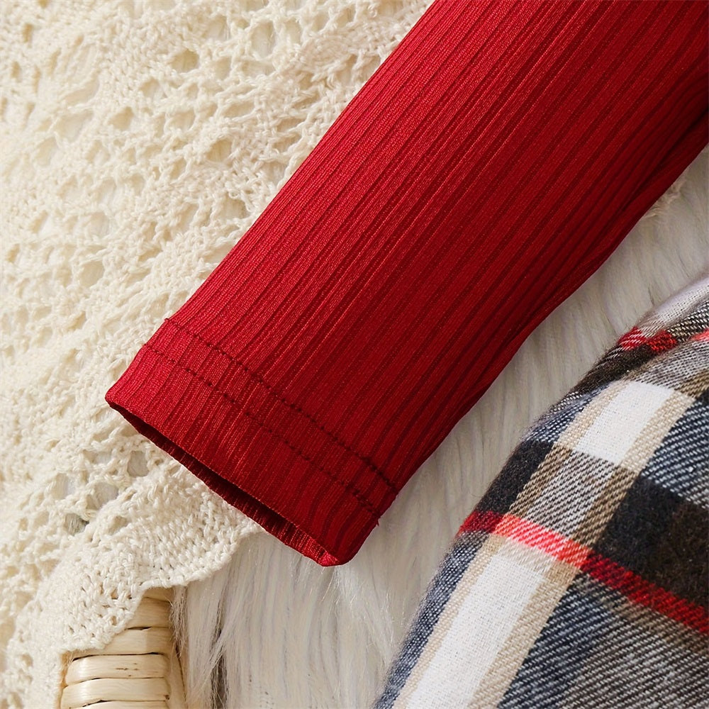 2PCS Casual Plaid Print Bow Decoration Long Sleeve Baby Romper