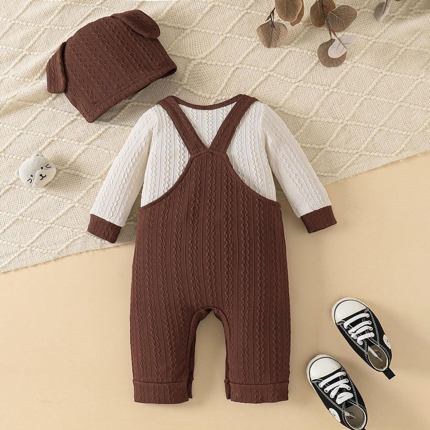 3PCS Adorable Bear Print Long Sleeve Baby Overalls Set