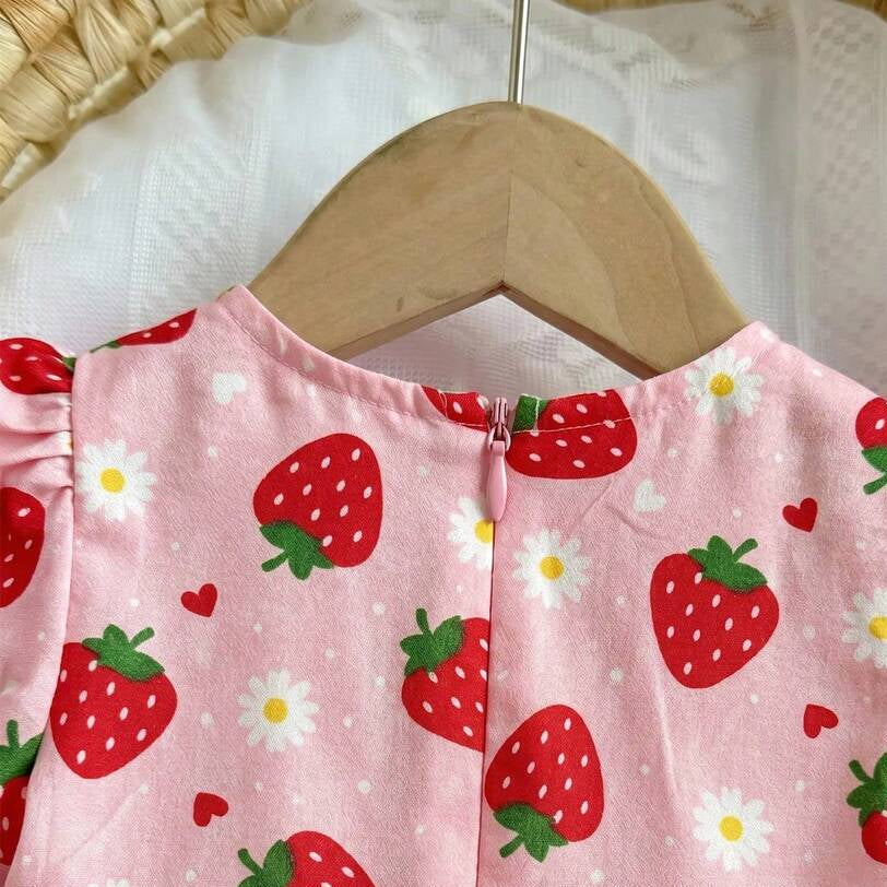 Elegant Strawberry Print Short Sleeve Baby Jumpsuit