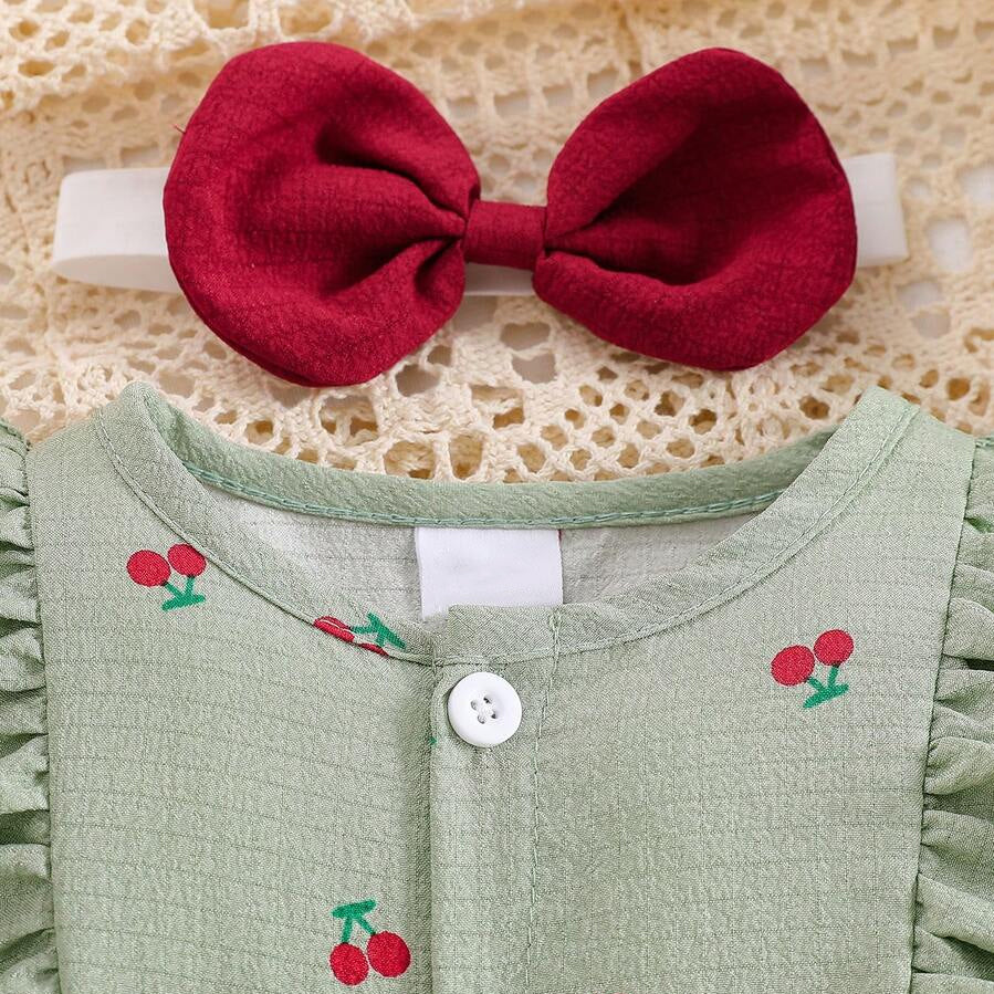 2PCS Fresh Cherry Print Bow Long Sleeve Baby Jumpsuit