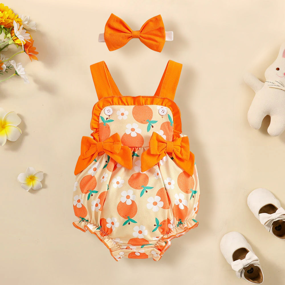 2PCS Casual Orange and Floral Printed Sleeveless Baby Romper