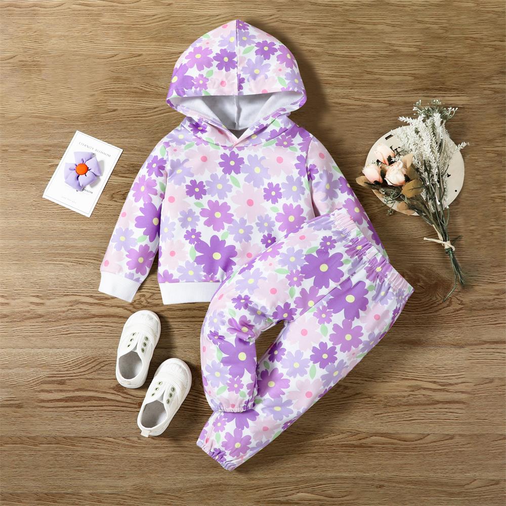 2PCS Casual Cute Print Long Sleeve Hooded Baby Set