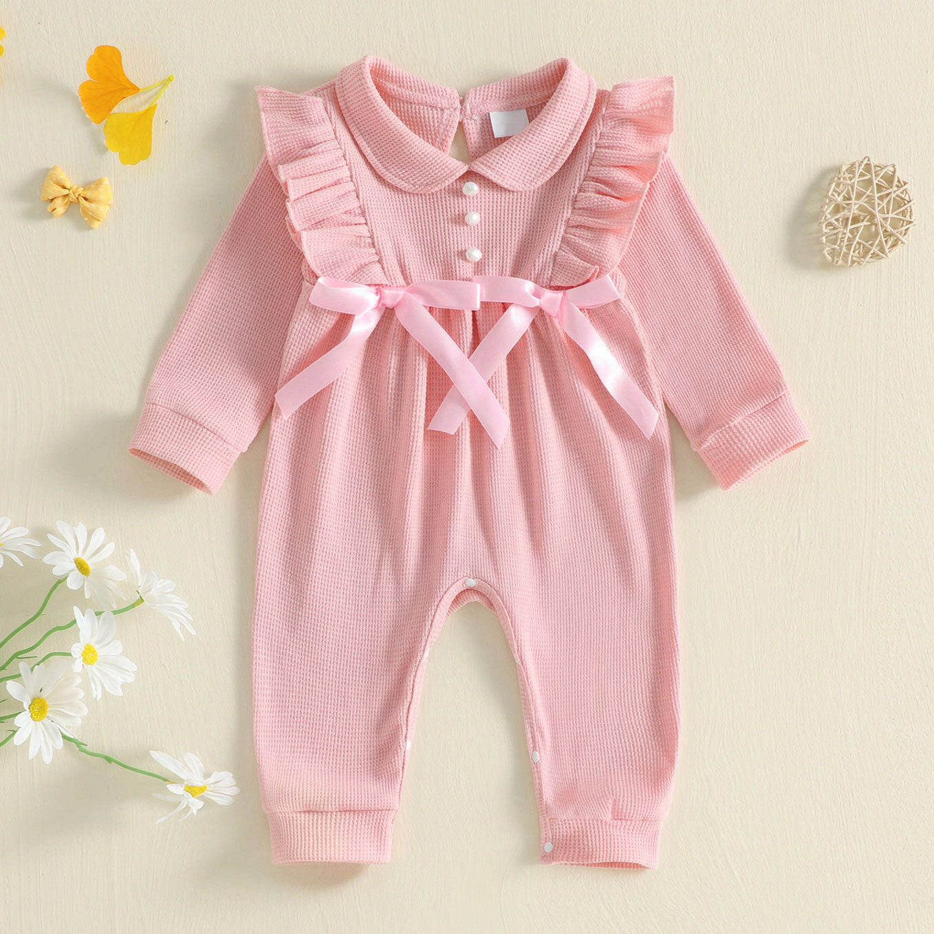 Sweet Solid Color Long Sleeve Bowknot Baby Girl Jumpsuit