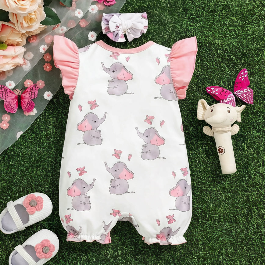 2PCS Cute Elephant Printed Flounce Sleeve Baby Jumpsuit