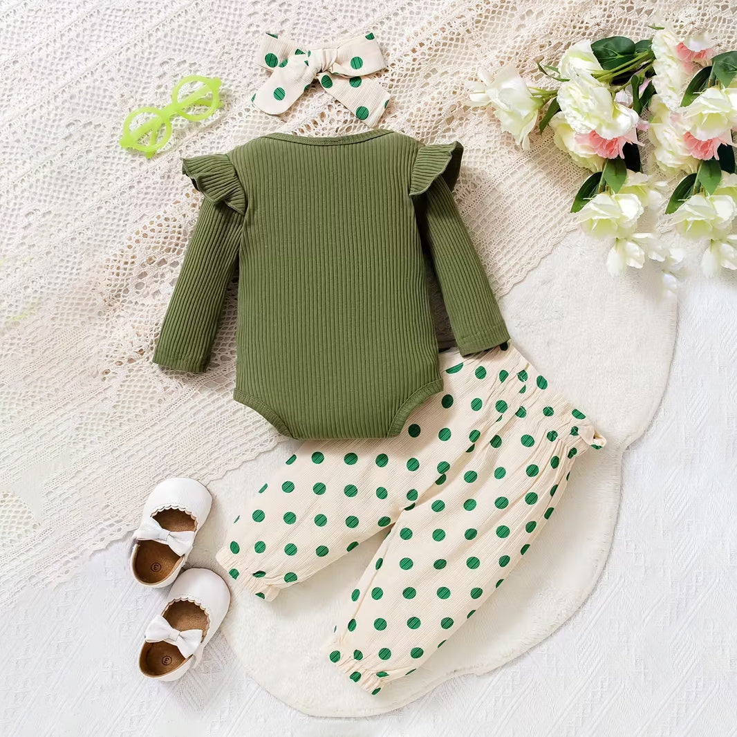 3PCS Pretty Polka Dots Printed Long Sleeve Baby Set
