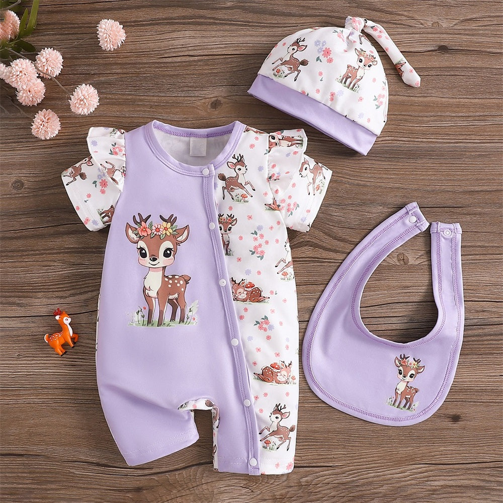 3PCS Cute Deer Printed Short Sleeve Baby Jumpsuit