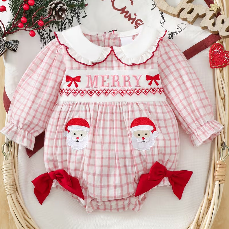 Merry Letter Santa Claus Applique Plaid Print Baby Girl Romper
