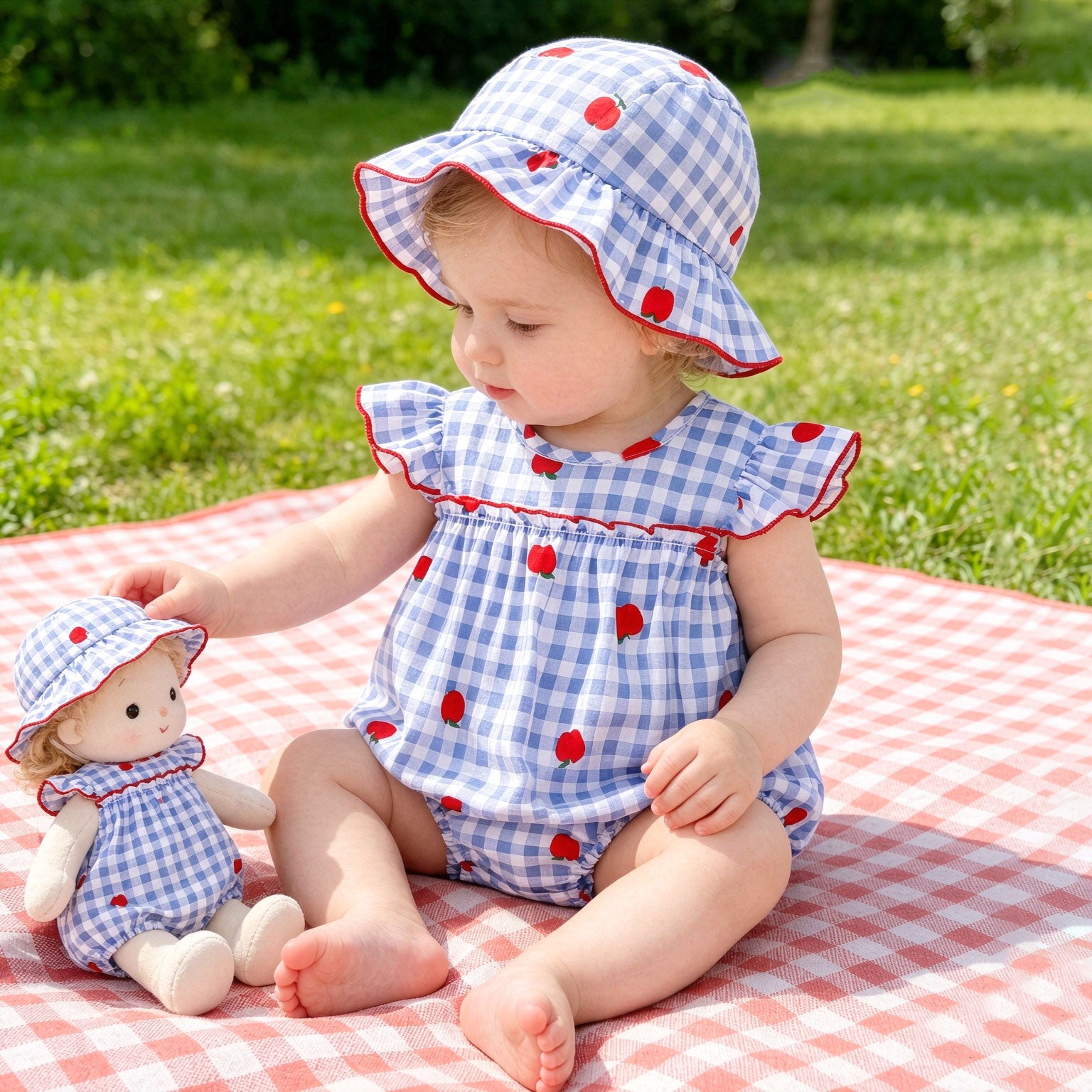 2PCS Lovely Apple and Plaid Print Flutter Sleeve Baby Romper