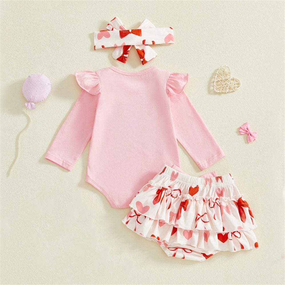 3PCS My First Valentine Letter Embroidery Bow Print Baby Set