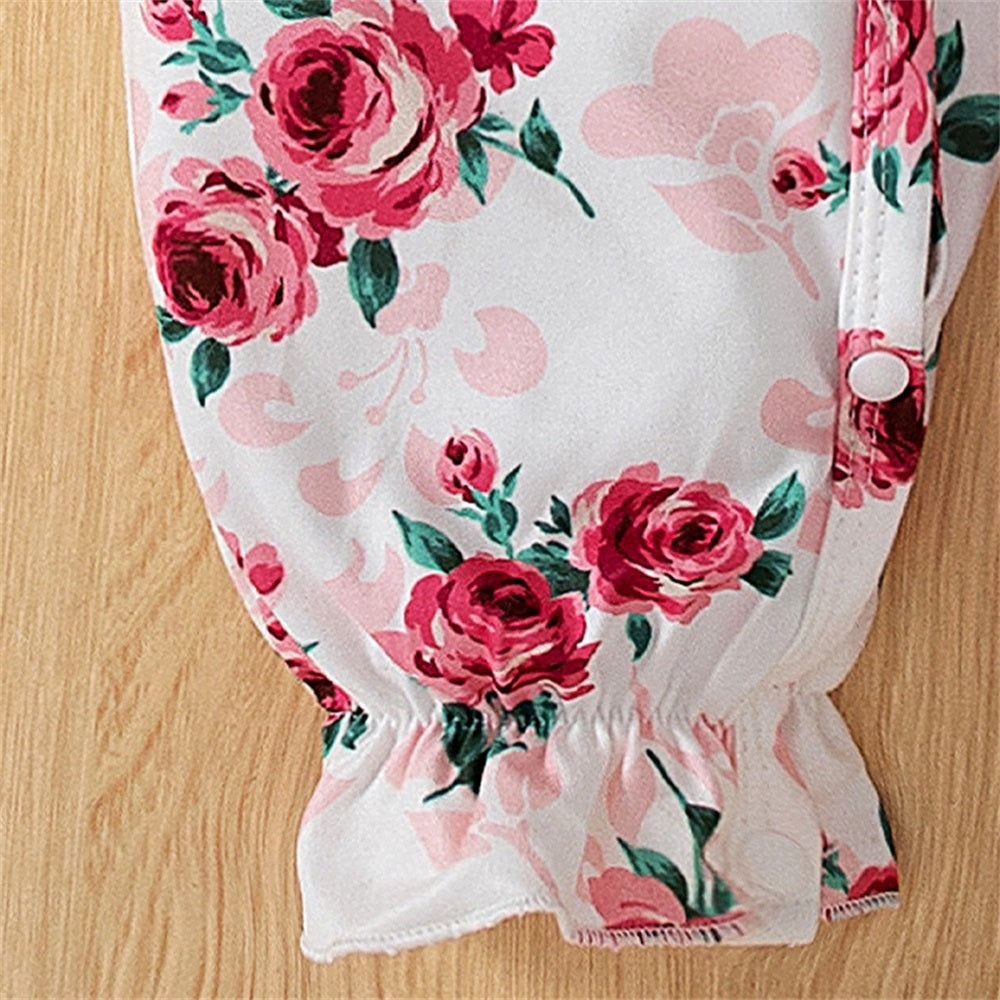 2PCS Casual Cute Floral Print Long Sleeve Baby Jumpsuit